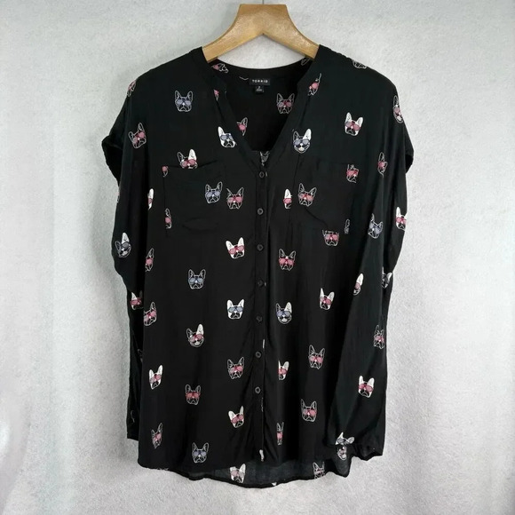 Torrid‎ Womens Size 2 French Bulldogs Button Down Black Short Sleeve Blouse - Picture 1 of 8